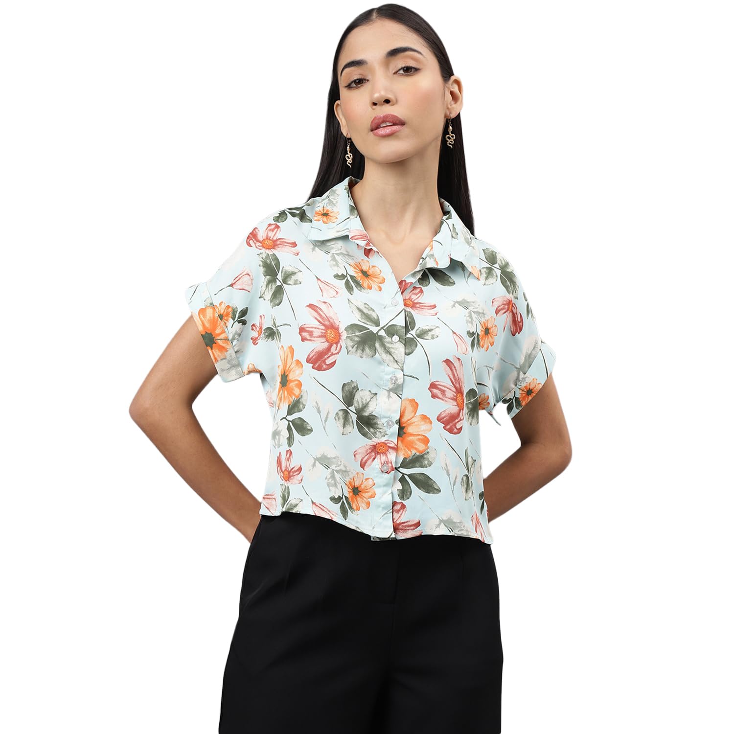 latin quarters Women Green Cap Sleeve Shirt Collar Printed Top-picture-29