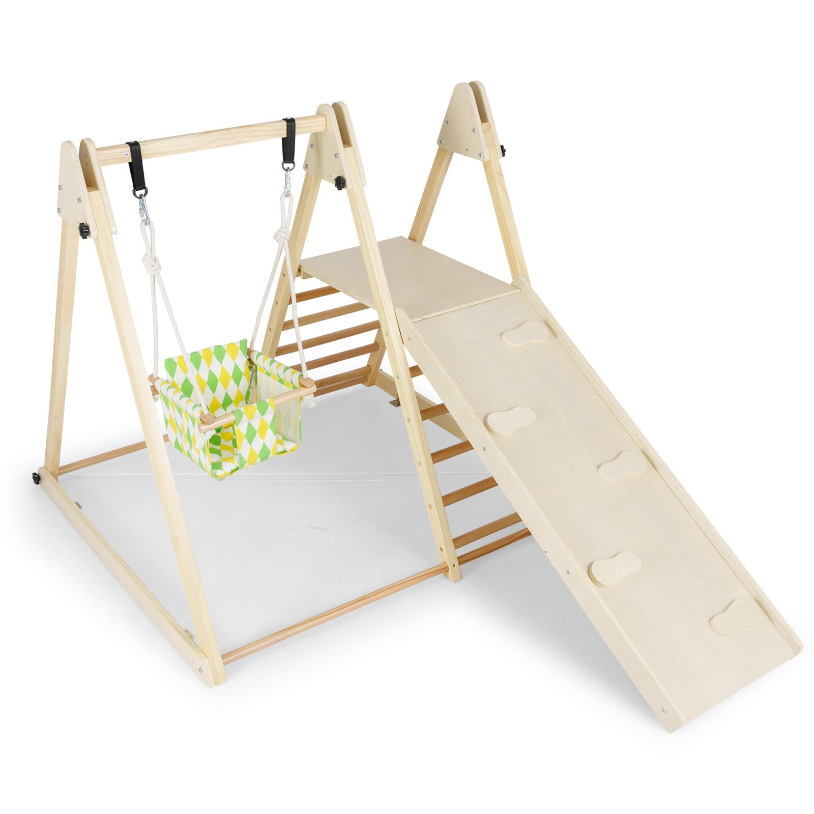 Maxmass Kids Climbing Frame, Wooden Children Climber Playset with Swing, Ladder, Garden Toddler Jungle Gym Playground for Indoor Outdoor (with Climbing Ramp: 120x185x115cm, Natural)