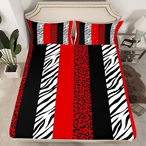 Leopard Print Sheet Queen,Zebra Skin Texture Bedding Set For Kids Teens Adult,Striped Fashion Black White And Red Bed Sheet Set 4Pcs With Deep Pocket Fitted Sheet + Flat Sheet + 2 Pillowcases #TOP1