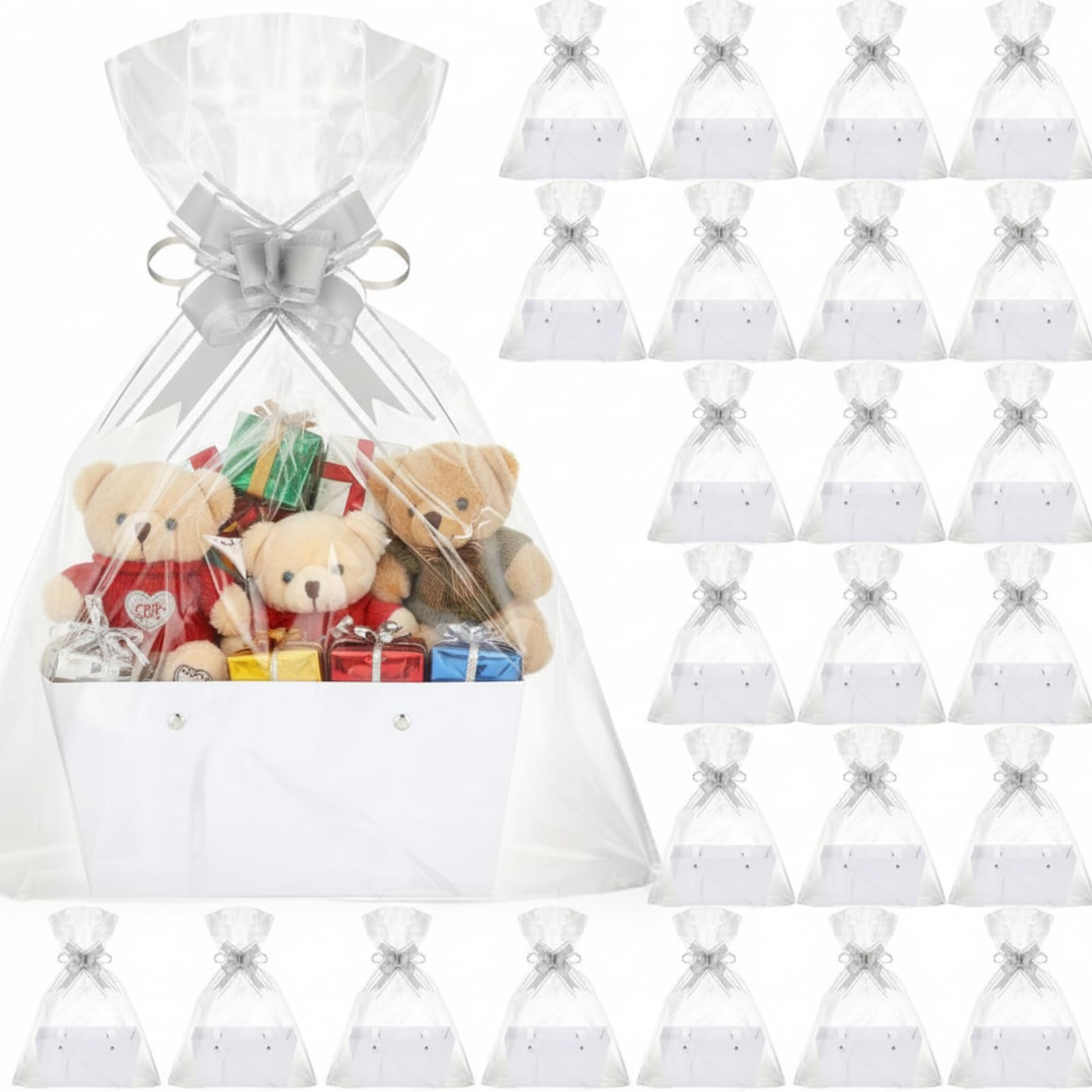PerKoop Confezione da 24 cestini vuoti per regali, 16,5 x 24 cm, in carta kraft spessa, con fiocchi e sacchetti, cesti regalo vuoti per San Valentino, Pasqua, compleanni, matrimoni, snack, mercato