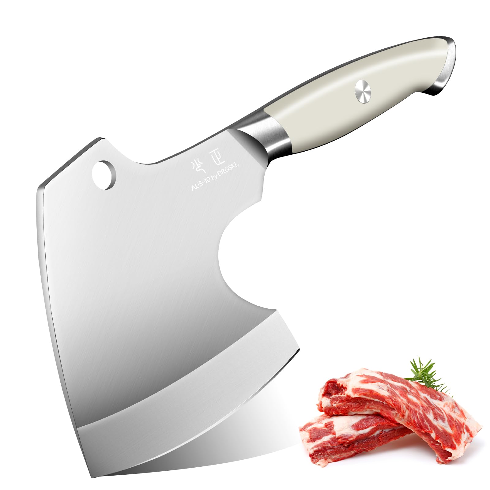 DRGSKL Hackmesser für Fleisch und Knochen, Full Tang Küchenbeil, Metzgermesser Extrem Scharf, Handgeschmiedetes Hackbeil Messer,Fleischerbeil für Küchen Camping BBQ