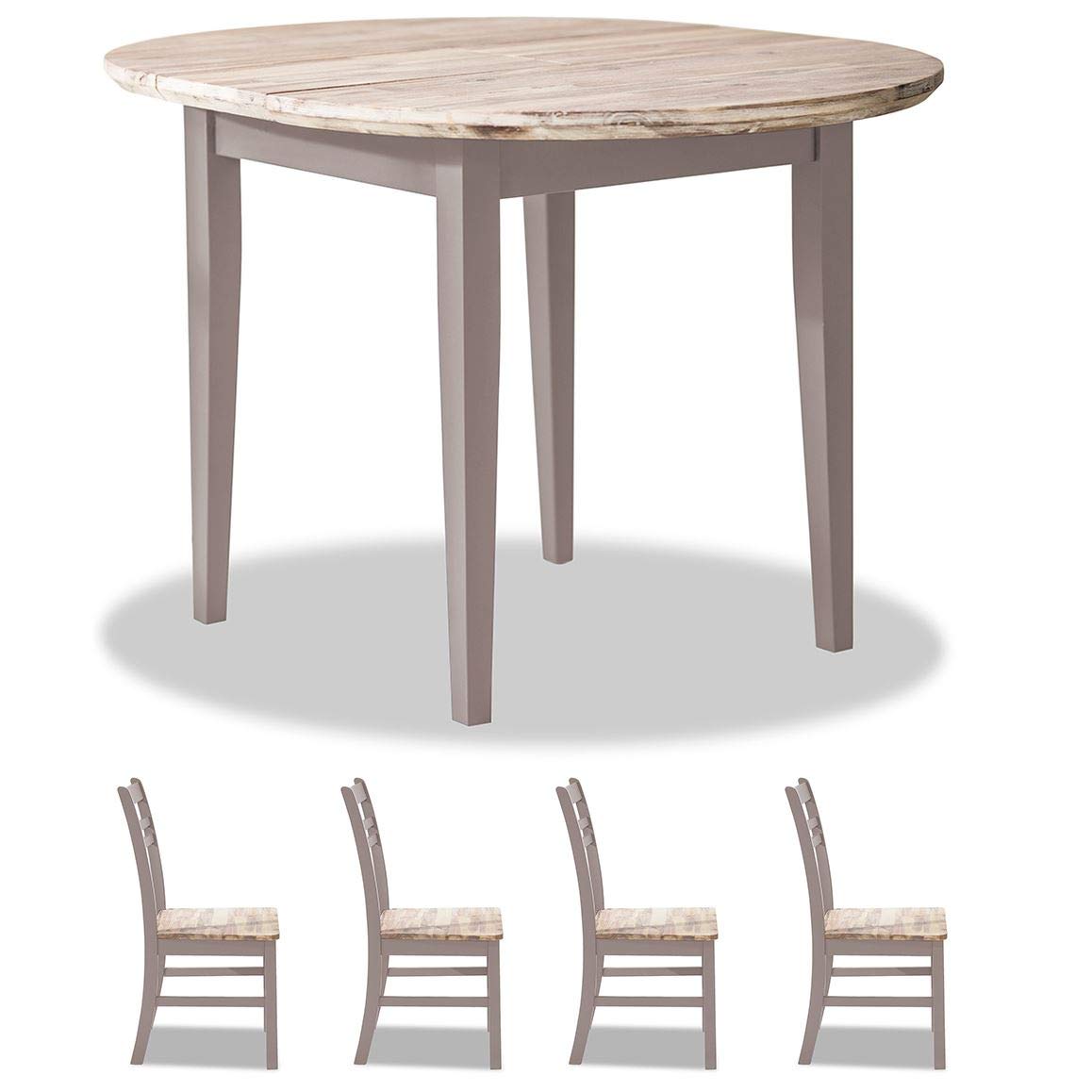 Florence truffle round extending kitchen table and 4 kitchen chairs. Quality table and chair set with hidden centre extension leaf.