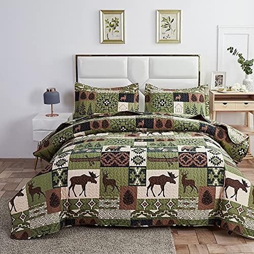 Tigona Reversible Rustic Quilt Sets Queen/Full Size Moose Bear Bedding Set Microfiber Bedspread Classic Plaid Lodge Coverlet Cabin Bed Cover Decor, 1 Quilt & 2 Pillow Shams