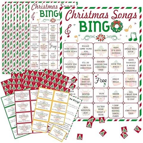 Christmas Bingo Game, 38 Sheet Christmas Song Bingo Card for Adults Families Large Group, 24 Players Christmas Bingo Cards, Holiday Winter Bingo Cards for Party Card Games Cover