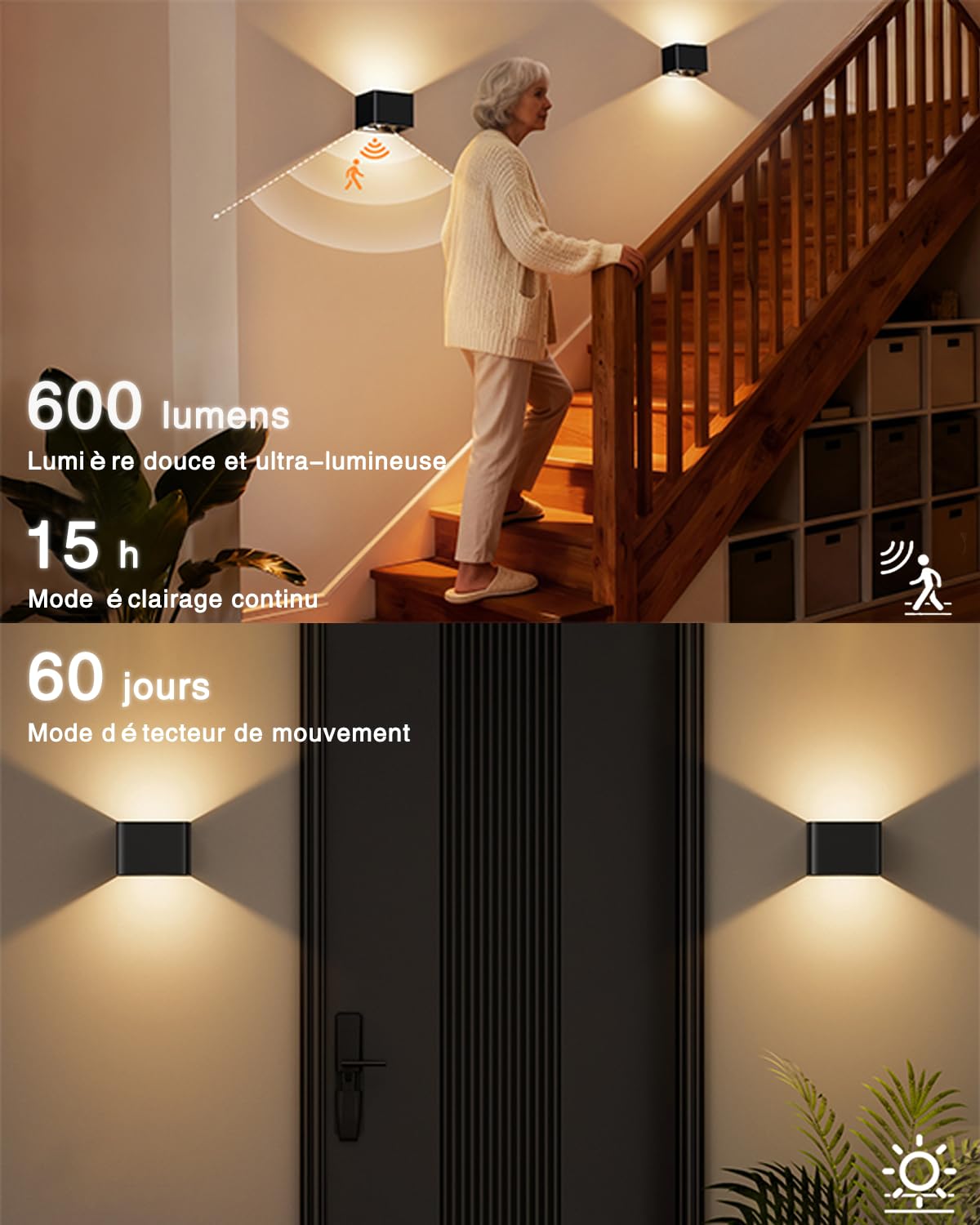 VIWAVE Applique Murale Intérieure sans fil à Détecteur de Mouvement avec Télécommande,LED Applique Murale Rechargeable avec Trois Températures de Couleur & Luminosité Réglable,Lot de 2 Noire Appliques