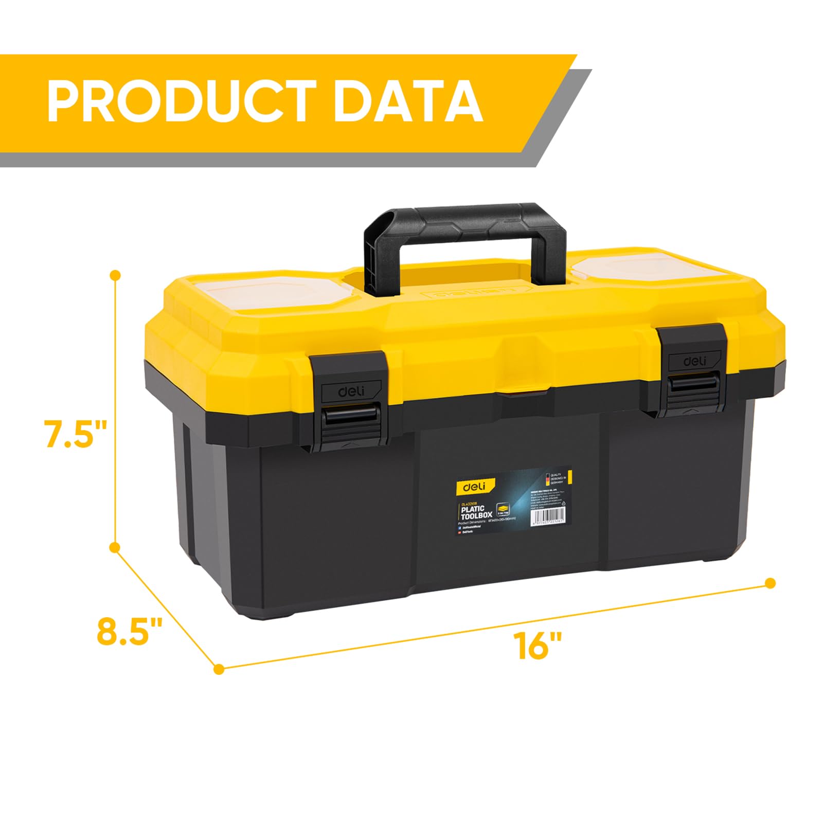 DELI 16-inch Tool Box with Removable Tray, Small Parts Box On The Lid, Tray Can be Removed