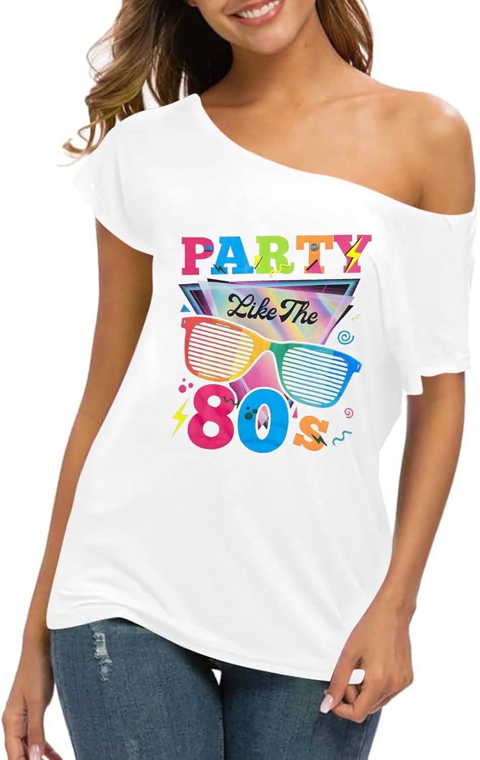80s Outfit for Women 80's Retro Theme Party Shirts Vintage Disco Outfits 1980s Clothes 90s Neon Off Shoulder Tops
