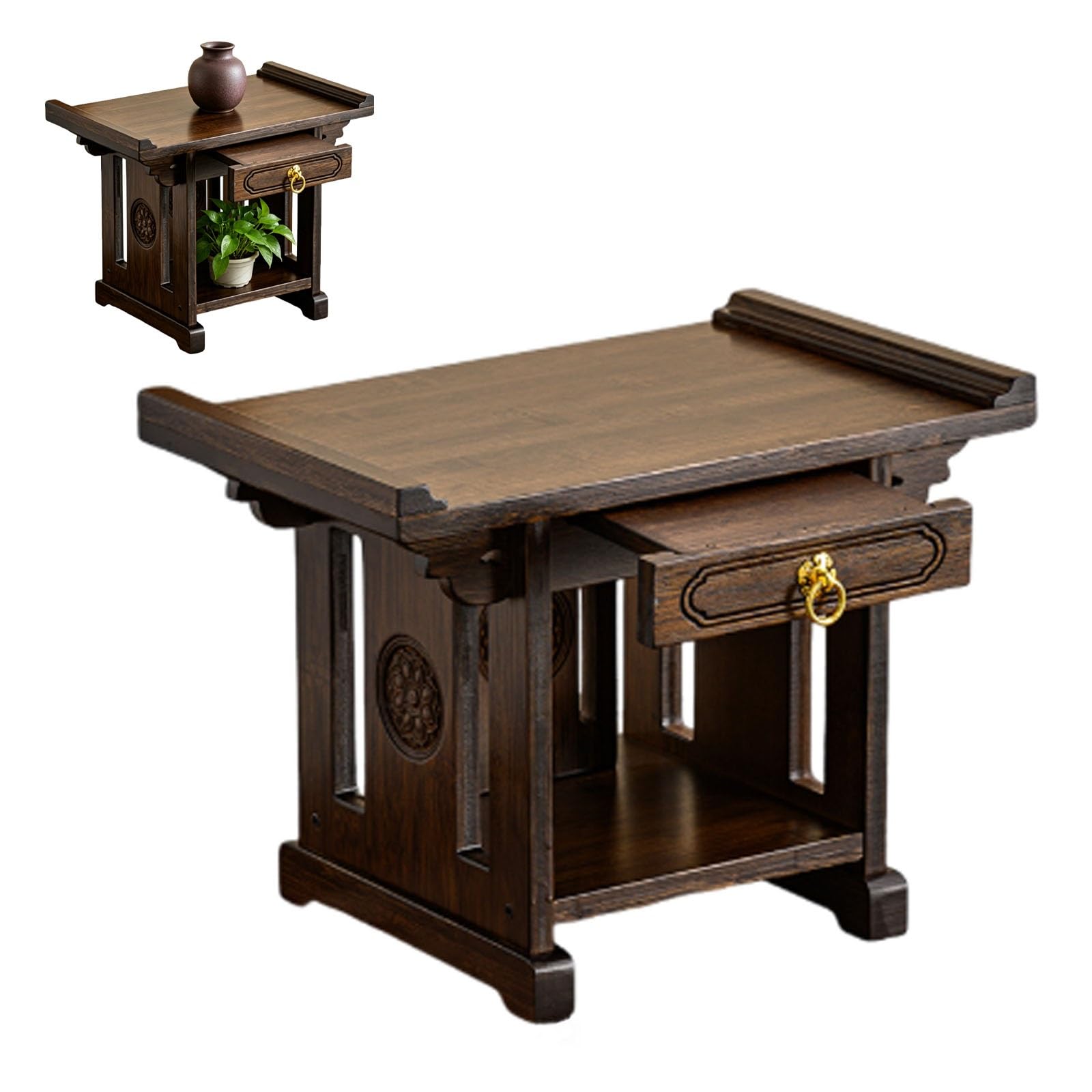 XYUERU Display stand, Chinese flower vase stand, teapot solid wood base, pedestal with storage, bamboo stand for plants, vases, statues, stones display(60cm)
