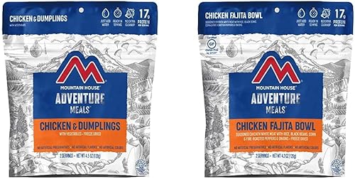 Mountain House Pollo y albóndigas Alimentos liofilizados para mochileros y campamentos 2 porciones y tazón de fajita de pollo Alimentos