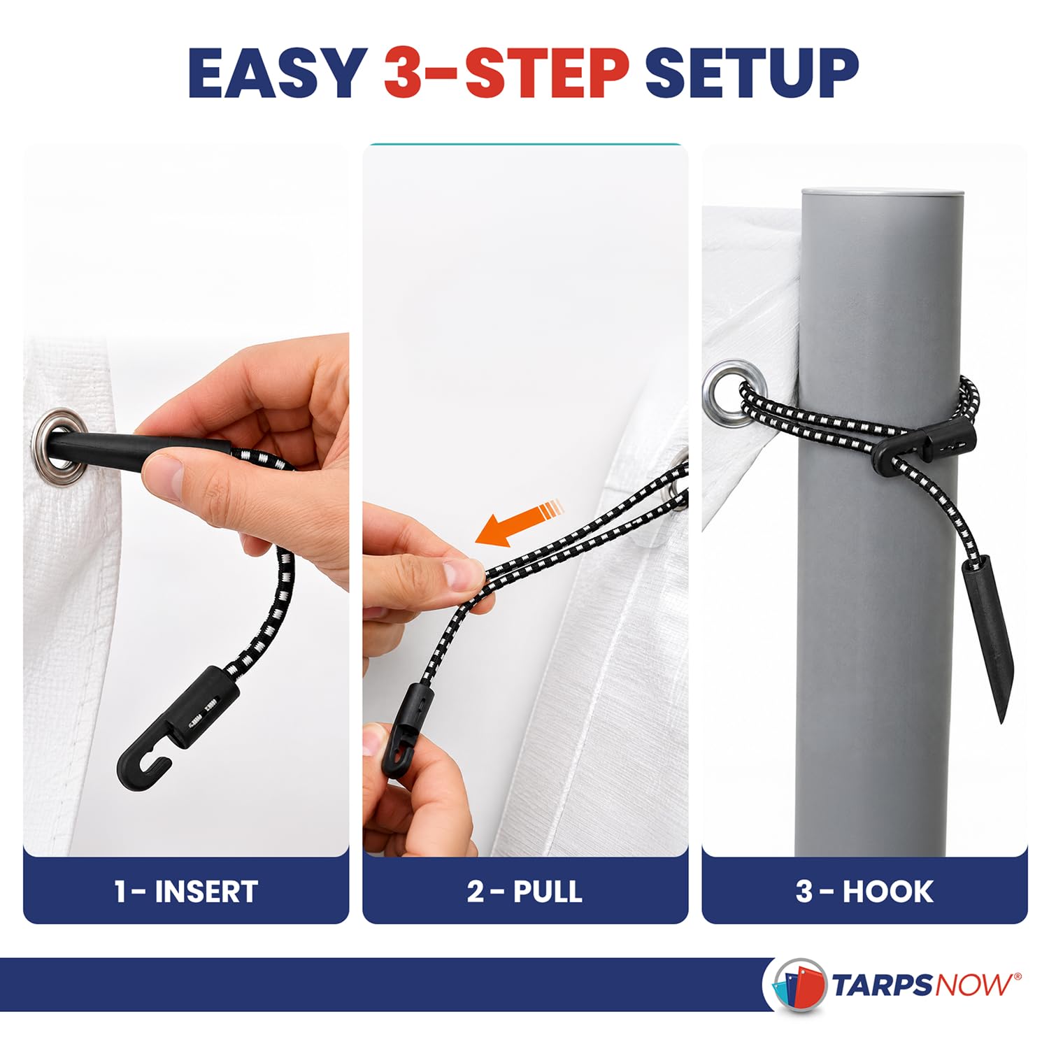Tarps Now - Cordones elásticos de 8 pulgadas con extremo de bucle ajustable, cuerda elástica resistente y duradera para andamios, herramientas, construcción, 100 piezas
