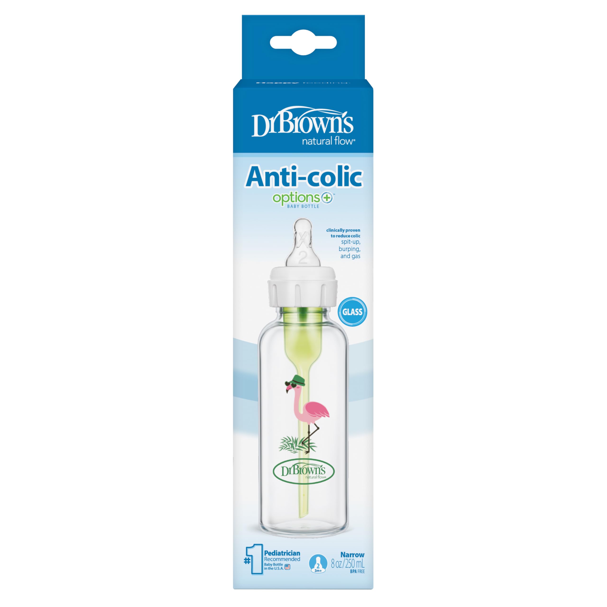 Dr. Browns Narrow Neck Options and Feeding Glass Bottle with Flamingo Deco with L2 Nipple, 250 ml Capacity