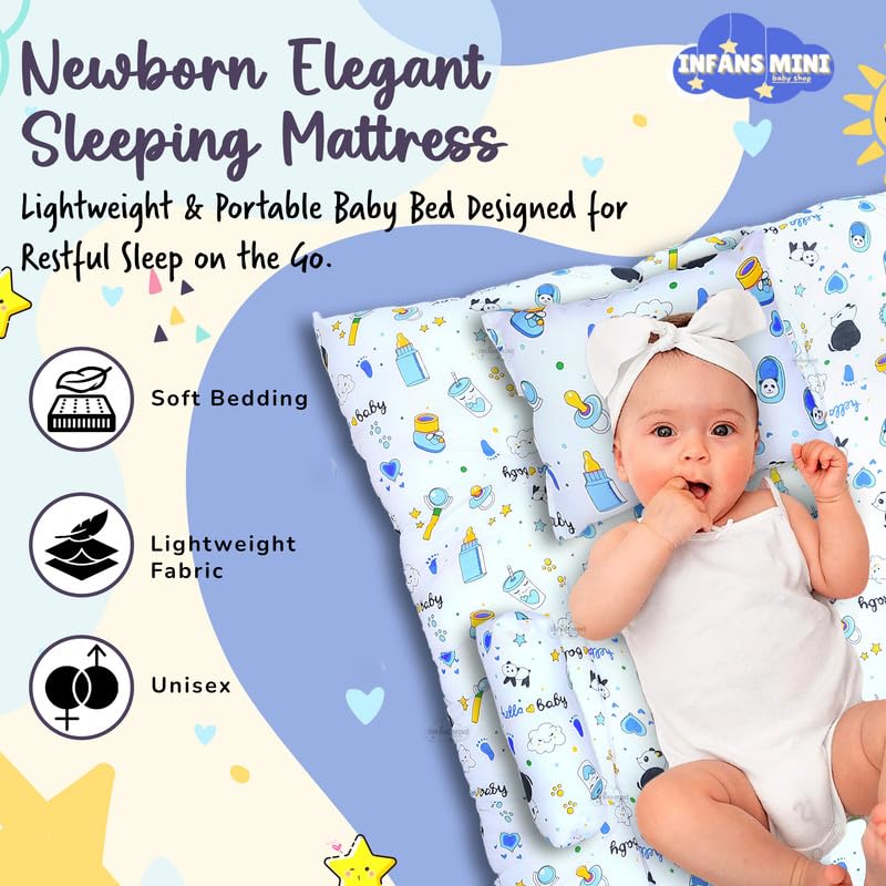Image of Baby Sleeping Mattress Set Cotton with Bolsters & Pillow, for 0-12 Month Newborns-Unisex (Panda Blue)