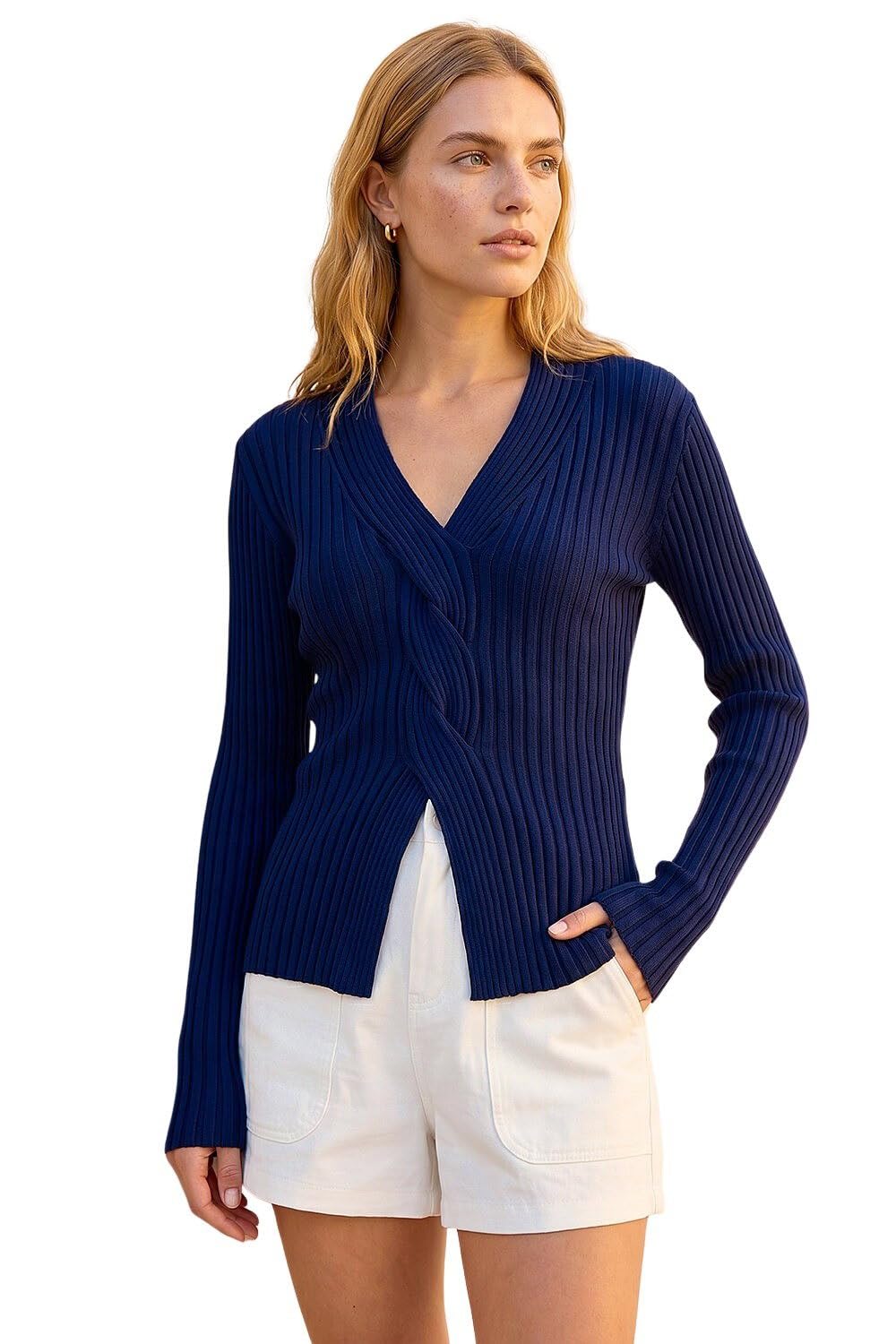 Roman Women's Navy Cable Split Detail Rib Jumper