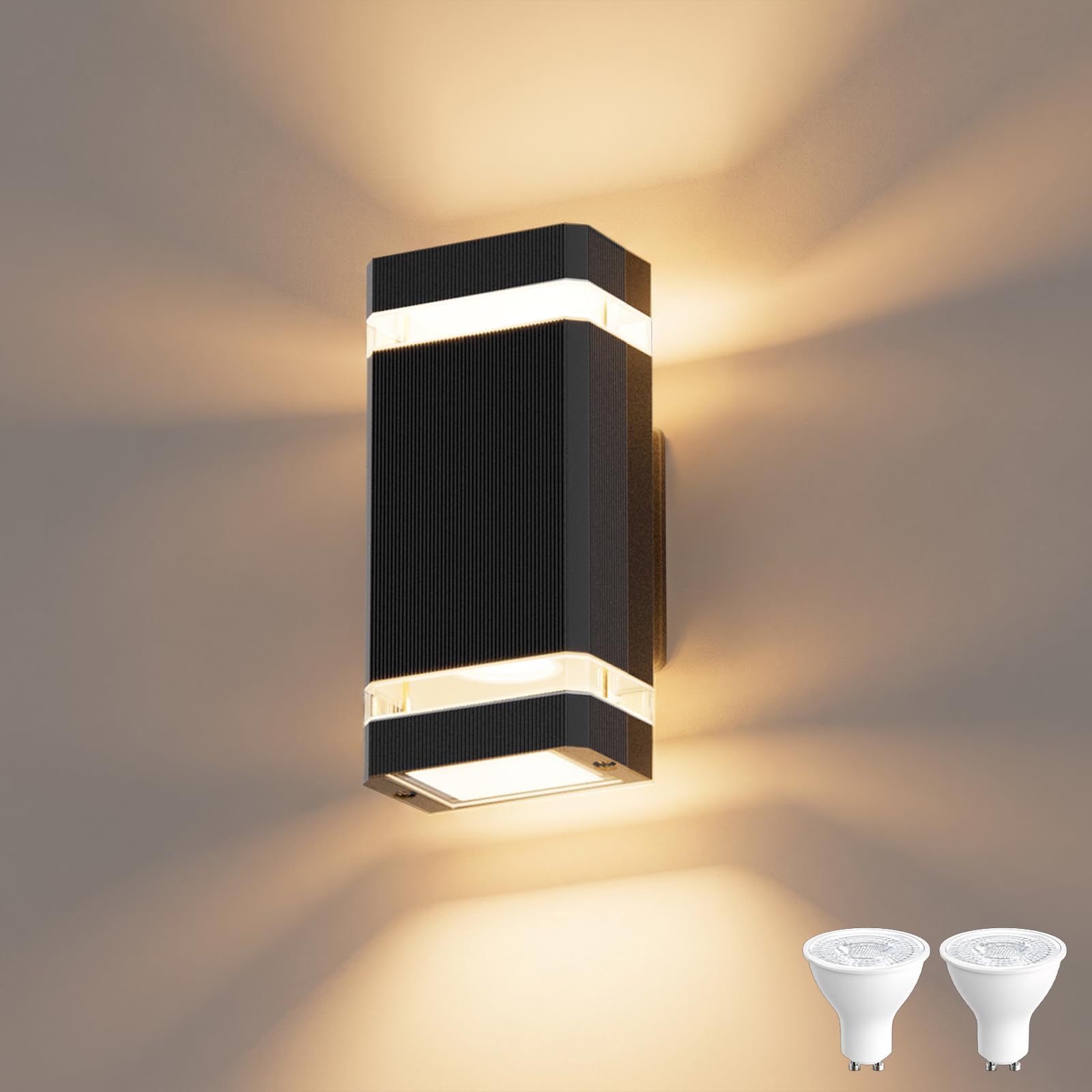 Aipsun Lámpara exterior de pared Interior/Exterior,IP65 Lámpara de pared GU10 Up Down 3000K, Aplique Pared LED Para Dormitorio, Patio,Terraza, Corredor(Negro)
