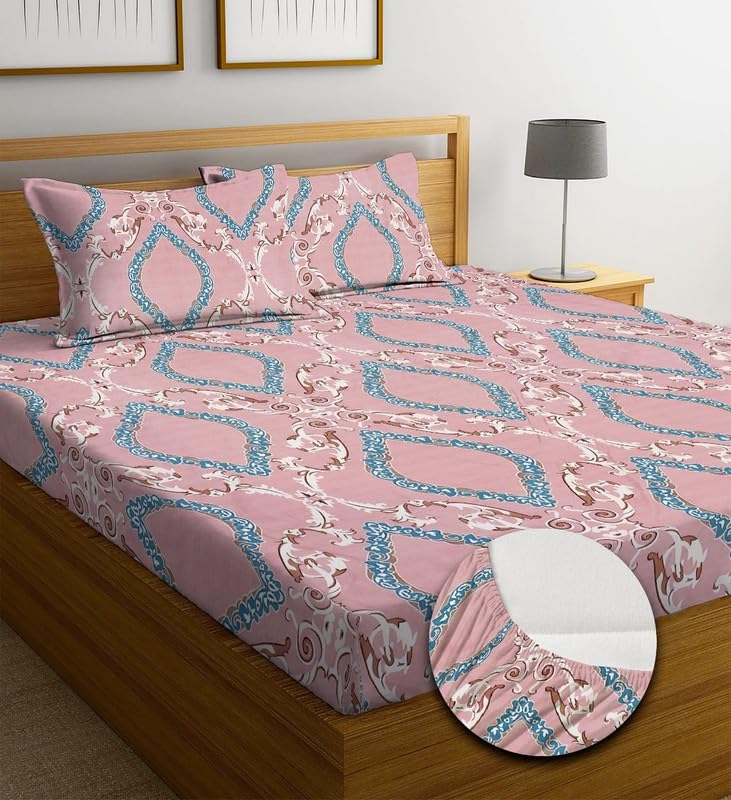 Image of NHD HOME Premium Cotton Floral Elastic Fitted Bedsheets With 2 King Size Pillow Covers Double Bed With All Around Elastic Supersoft Size-72 X 78 +10 Inches Tradional Pattren Pink&Blue 200 Tc-220 Tc