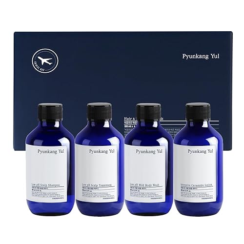 Miniatura 1 de PYUNKANG YUL Kit de viaje para el cabello y el cuerpo  Champú, acondicionador, gel corporal, loción, kit de spa, 4 artículos  Bajo pH, hidratante,