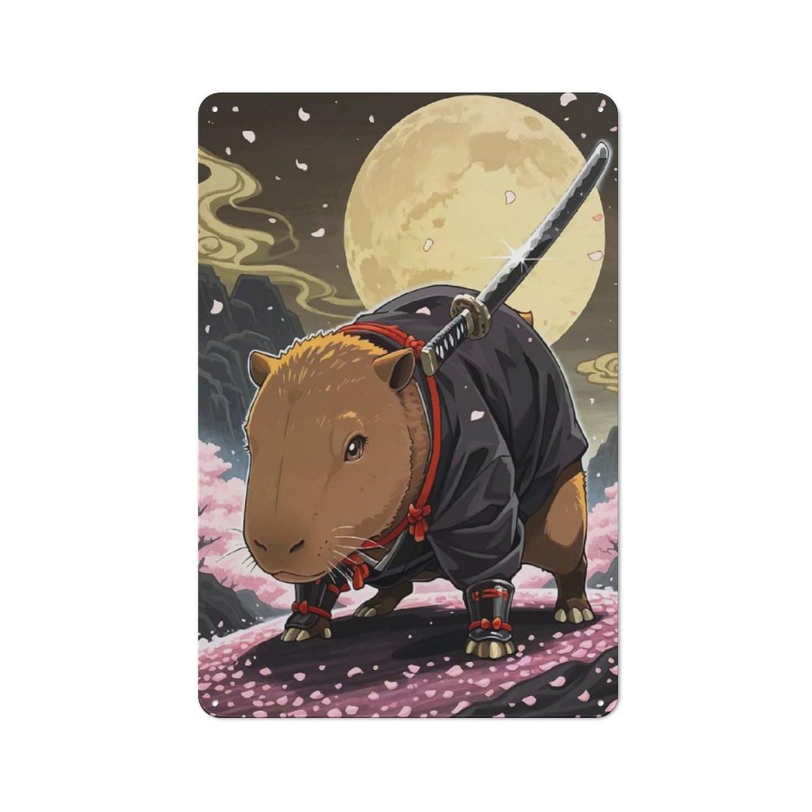 Rustic Metal Wall Sign 30x20cm Featuring Capybara Samurai with Katana for Pub Or Café, for Vintage Wall Decor Fans, for Metal Sign Collectors