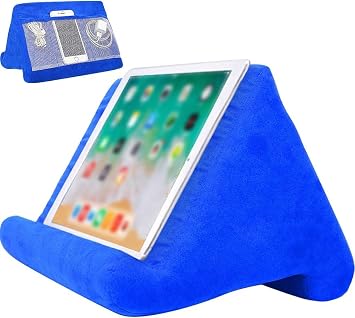 Tablet Soft Pillow Stand with Mesh Storage Pockets for iPads Multi-Angle Soft Bed Pillow Holder Lap Stand for Universal iPads Tablets Readers Books Magazines Kindle Blue