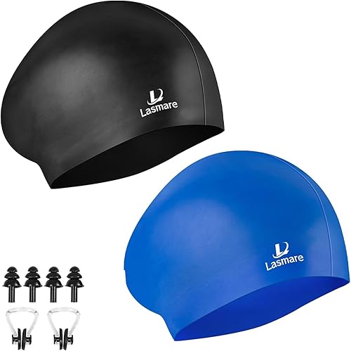 Gorro de natación de cabello largo para mujer, paquete de 2, gorras de natación de silicona para adultos, mujeres y hombres con tapones para los