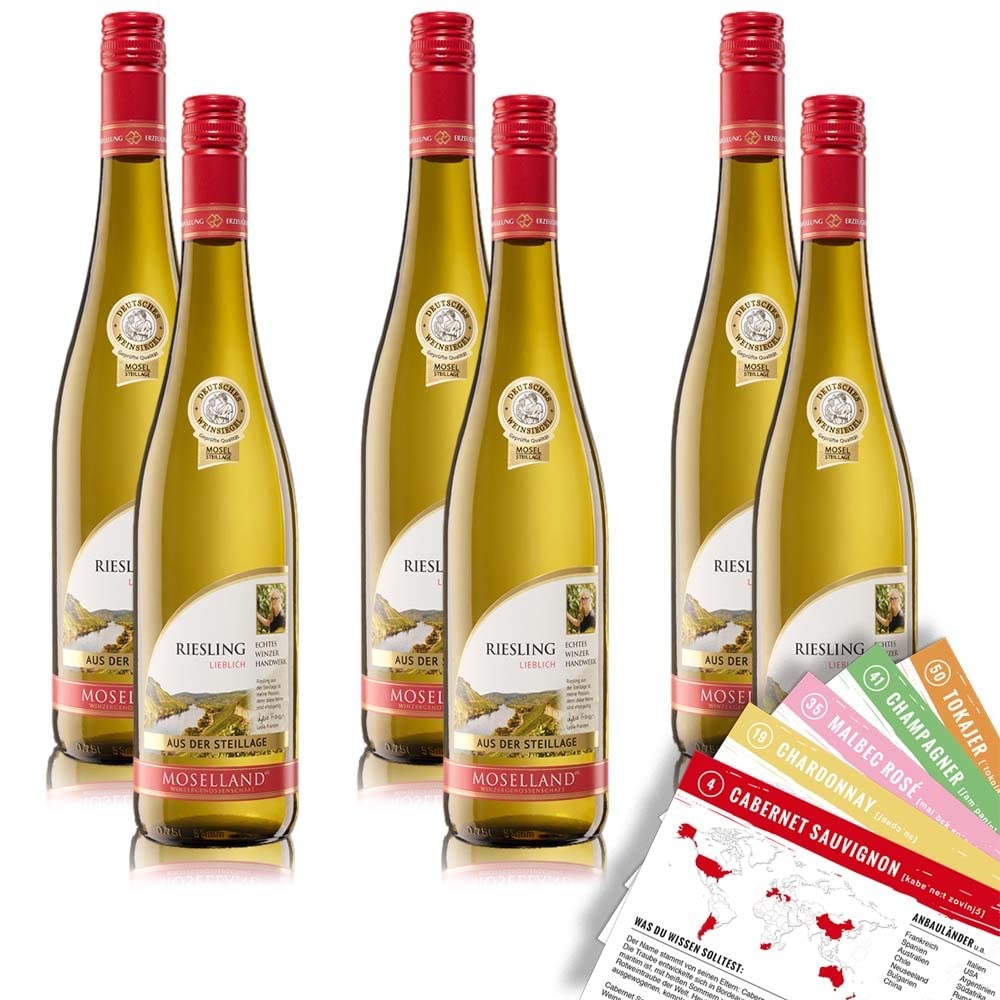 Moselland Riesling Hochgewächs Steillage QbA, lieblich, sortenreines Weinpaket + VINOX Winecards (6x0,75l)