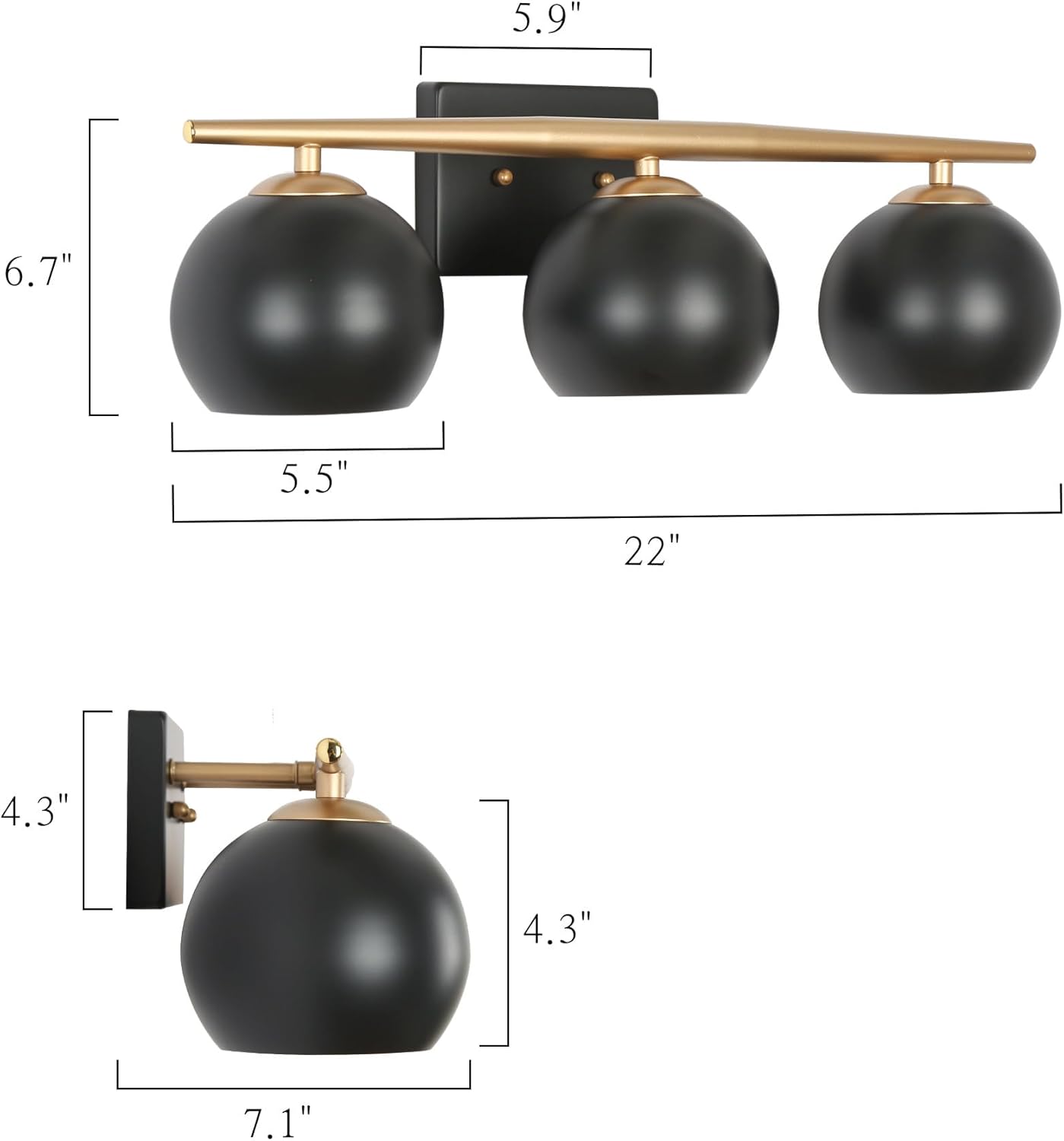 KSANA Black and Gold Bathroom Light Fixture, Modern 3-Light Globe Vanity Light with Metal Shade, Farmhouse Vanity Lighting Over Mirror