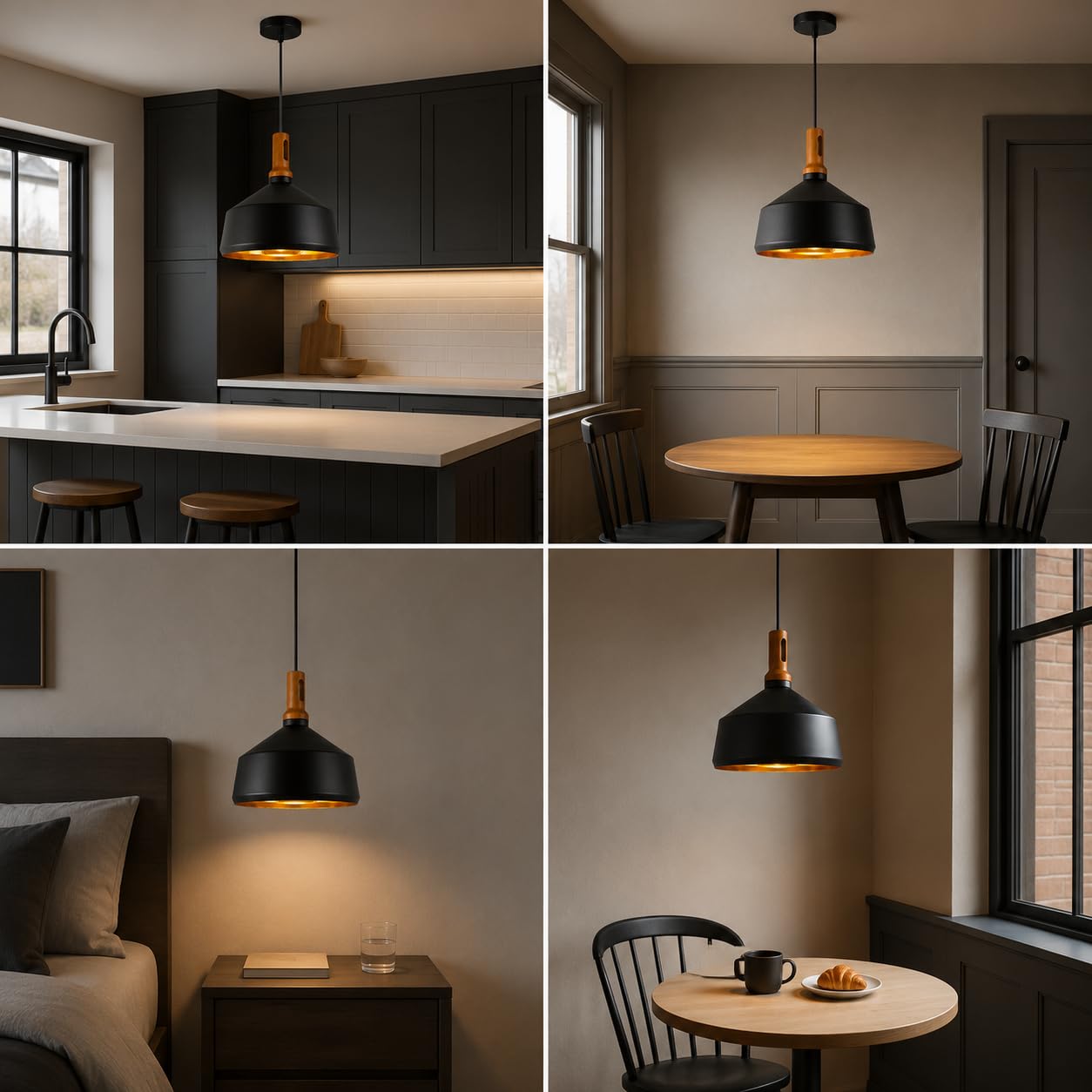 Nowoczesna czarna lampa wisząca przemysłowa z drewnianymi akcentami, metalowa lampa wisząca z regulowanym przewodem i gniazdem E27 na wyspę kuchenną, jadalnię, sypialnię, salon, korytarz i