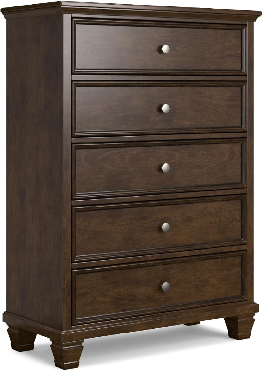 Signature Design by Ashley Danabrin 5 Drawer Chest of Drawers, Tall Dresser | Brownish cherry finish, Dovetail construction, Hardwood solids, Birch veneer and MDF substrate, Satin nickel-tone knobs
