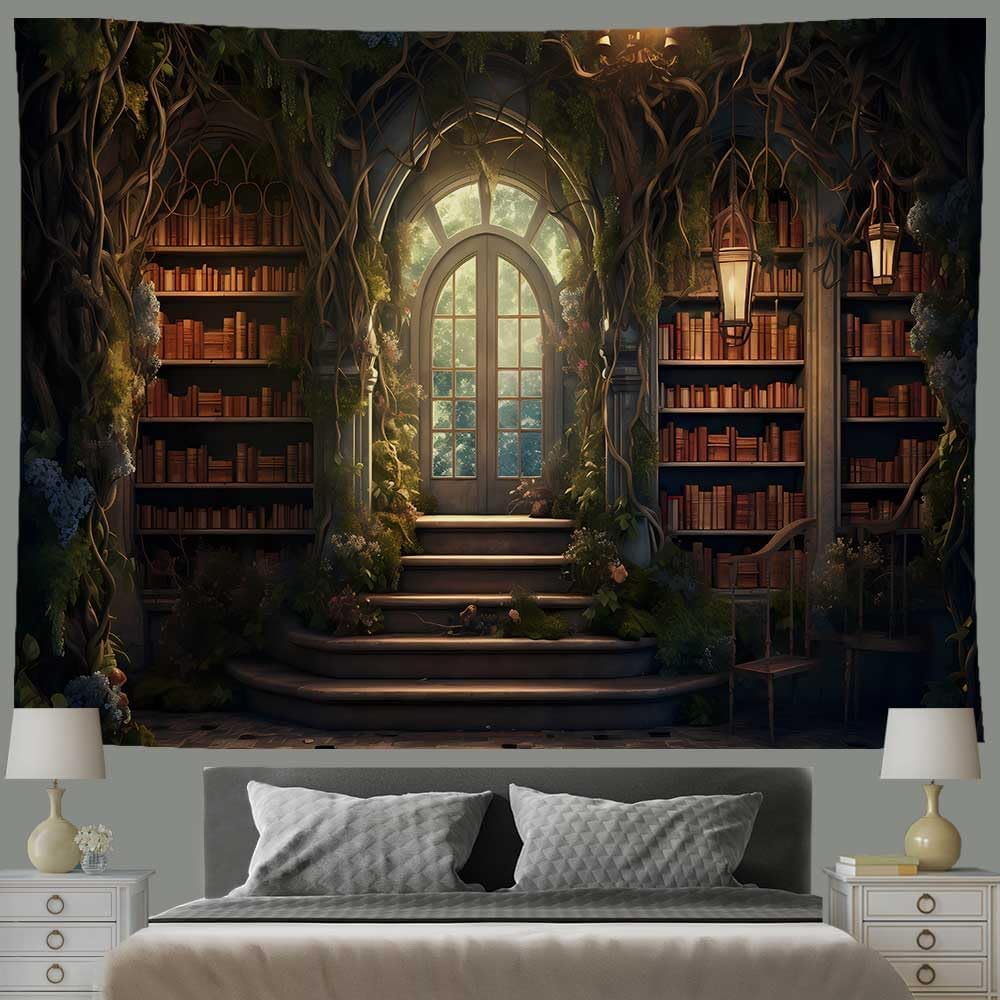Ine Ive Vintage Library Tapestry Wall Hanging Fairy Tale Forest Magic Bookshelf Tapestries 80x60 Inches Medieval Study Room Bookcase Wall Poster for Bedroom Living Room Dorm Home Decor