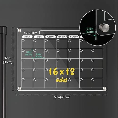 Miniatura 4 de Calendario acrílico magnético para refrigerador, 1 unidad, 16 x 12 pulgadas, mensual reutilizable, pizarra de borrado en seco, calendario