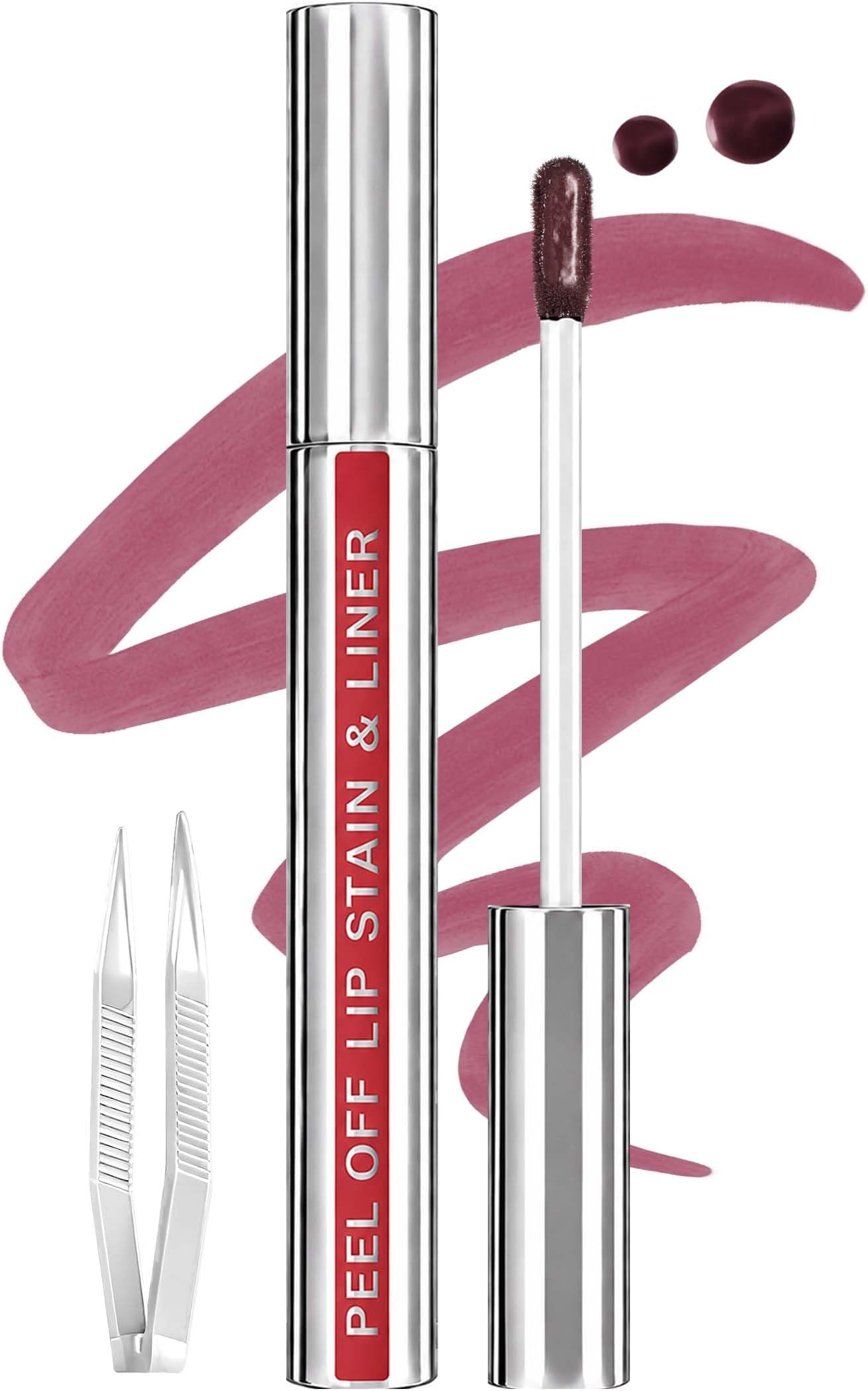 Lip Stain Peel Off Lip Liner Stain with Tweezer, Long Lasting Matte Lip Tint Tattoo, Highly Pigmented Color Lip Makeup, Waterproof Lipstick, Transfer-proof Lipstain for Women, Mauve