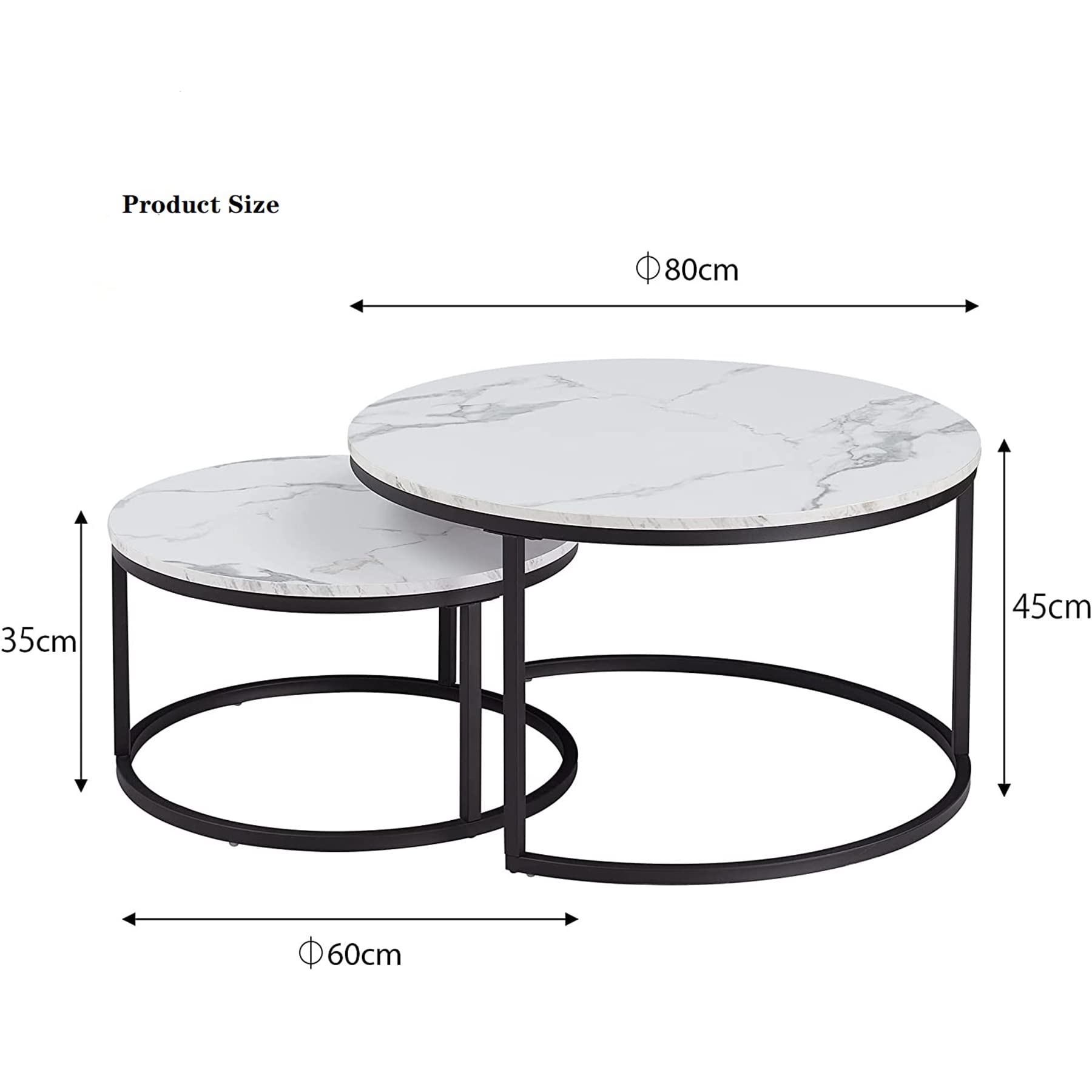 Lot de 2 Tables Basses Gigognes Blanc avec Cadre Doré ; Tables Basses Rondes Modernes pour Salon, Chambre, Balcon, Bureau. Grande: 80 * 80 * 45cm; Petite:60 * 60 * 35cm (Blanc+Noir)