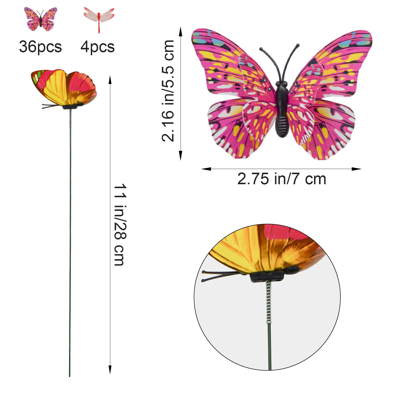 40 Stück 3D-Gartenstecker mit Libellen, bunt, PVC, wasserdicht, Schmetterling mit Doppelflügeln, dekorative Gartenstecker für drinnen und draußen, Hof, Terrasse, Rasen, Blumentopf-Dekoration