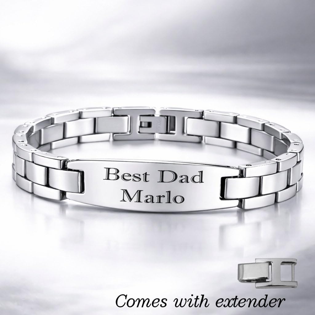 Personalized Men’s Silver ID Bracelet Custom Engraved Free – Stainless Steel Two-Tone Satin & Polished Design, Free Engraving - Ships from USA
