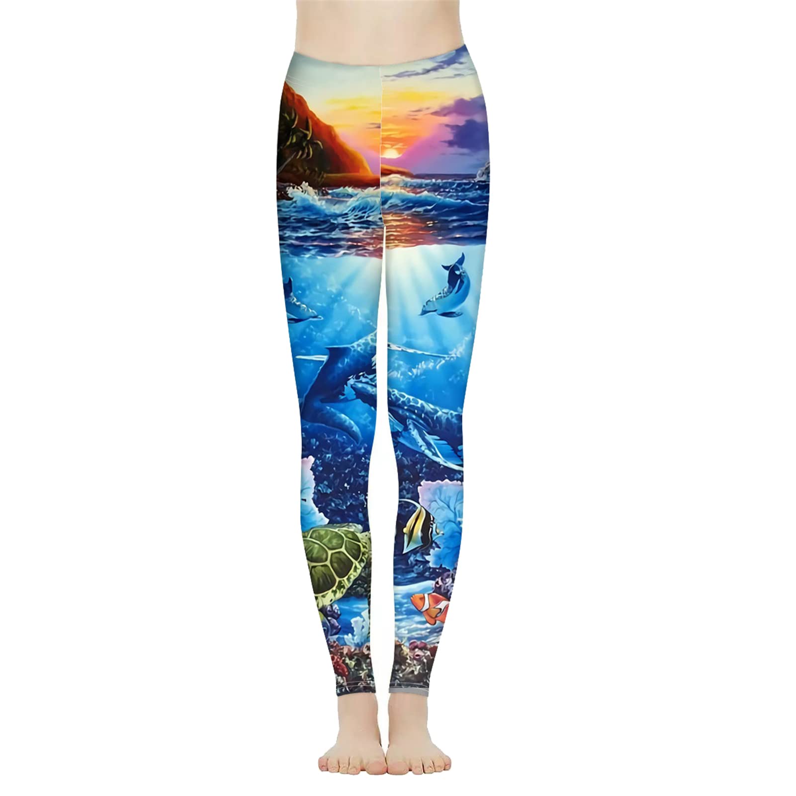 Biyejit Damskie legginsy z wysokim stanem kontrola brzucha spodnie do jogi trening legginsy do biegania XS-3XL, Ocean Life, XS