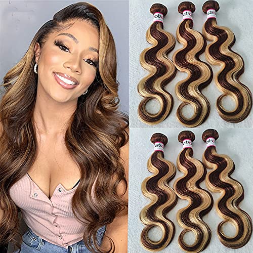 Bestsojoy Ombre Highlight Brazilian Virgin Hair Body Wave 3 Bundles 12A Remy Human Hair Weaves P4/27 Ombre Brown Blonde Brazilian Body Wave Hair Extensions(18 20 22, Highlight Hair Bundles)