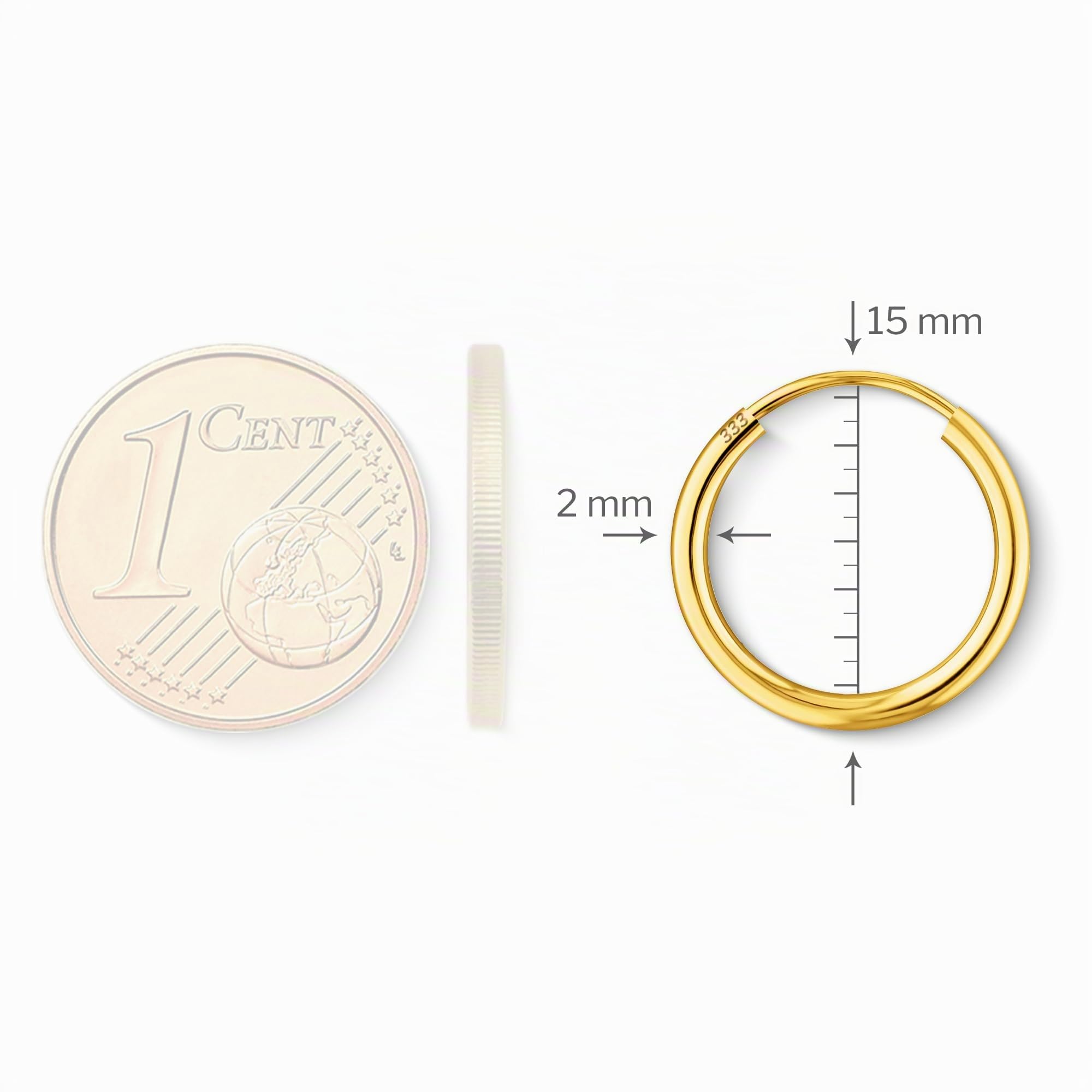 Orecchini Cerchio Donna in Oro Giallo 333 375 585 750 Orecchini Creoli leggerissimi 15 mm largh. 2 mm Orecchini Donna Oro con Scatola Regalo