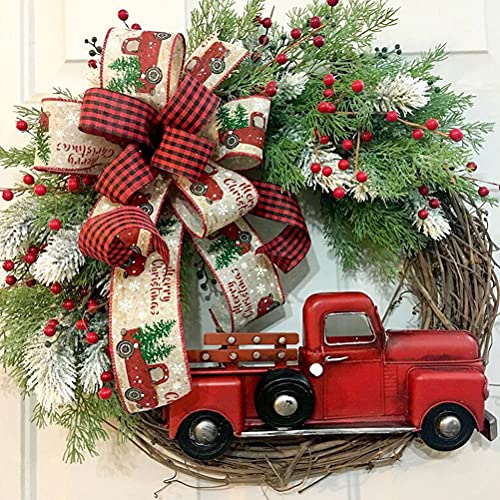 Retro Weihnachtskranz Tannengirlande und Rote Beerengirlande Weihnachtsgirlande mit Schleife und Weihnachtstruck Hängende Türkranz ideal für Weihnachten,Advent (A-Stil) Cover