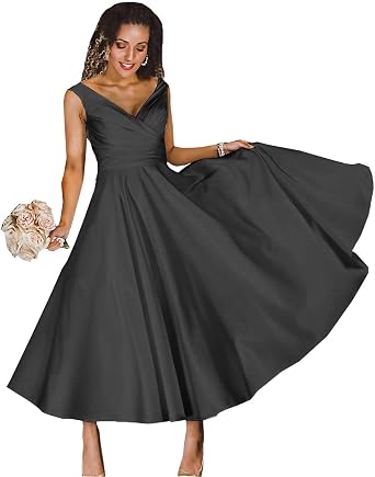 Mouccy Womens Simple Satin Wedding Dresses with Pleats | V Neck Short Wedding Gowns, Sleeveless A-line Bridal Gown, Tea Length Prom Dresses for Women, for Wedding, Prom Party, Event