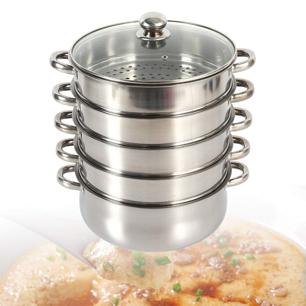 5 Tier Kochtopf Dämpfer Küche Dampf mit Glasdeckel, Edelstahl Topf Dämpfeinsatz Kartoffeldämpfer Gardampfkochtopf, Dampfkocher für Gas Elektro- und Vollkochplatten (30cm)