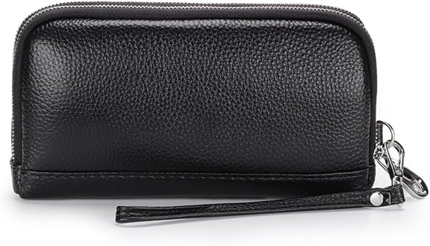 Women Clutch Purse Genuine Leather Double Zipper Money Purses Card Holder Phone Clutches with Wrist Strap (Black)