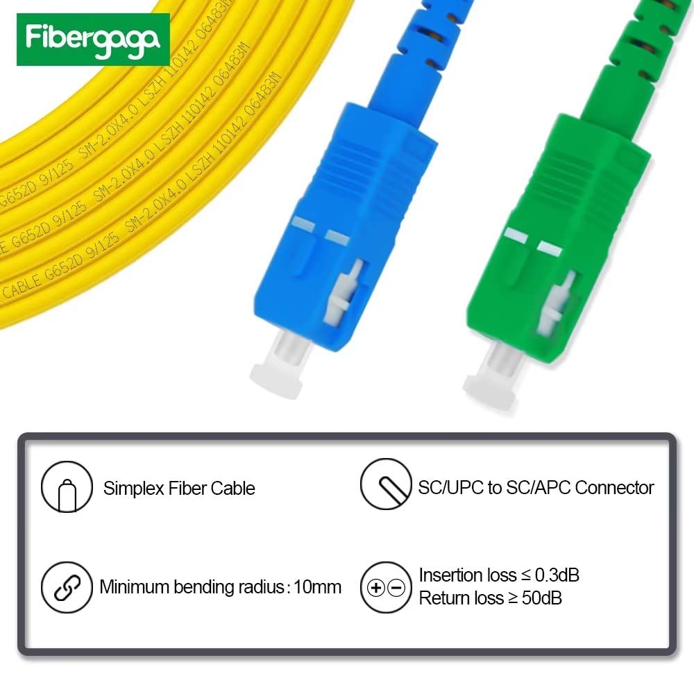 Fibergaga-20m(66ft) OS2 SC/UPC to SC/APC Fiber Patch Cable, Single Mode, Simplex, Length Option: 0.5M(1.6ft)-50m(164ft) 9/125µm 2.0mm Diameter Fiber Optic Cable, OS1/OS2 Compatible