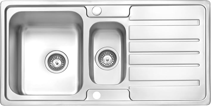 JASSFERRY Brilliant Stainless Steel Kitchen Sink 1.5 One Half Square Bowl Rome Style Reversible Drainer with Strainer Waste 970 x 500 mm