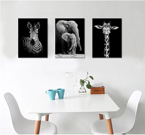 Miniatura 4 de Visual Art Decor Lienzo de vida silvestre africana en blanco y negro, arte de pared con diseño de animal cebra, jirafa, elefante, retrato, póster