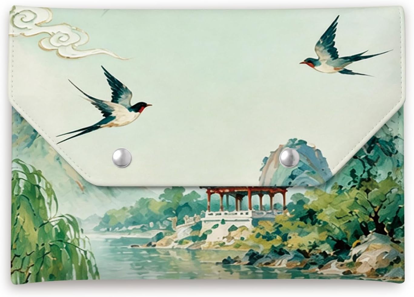 Chinese Mountain Landscape Leather Mahjong Card Bag Holder Pouch