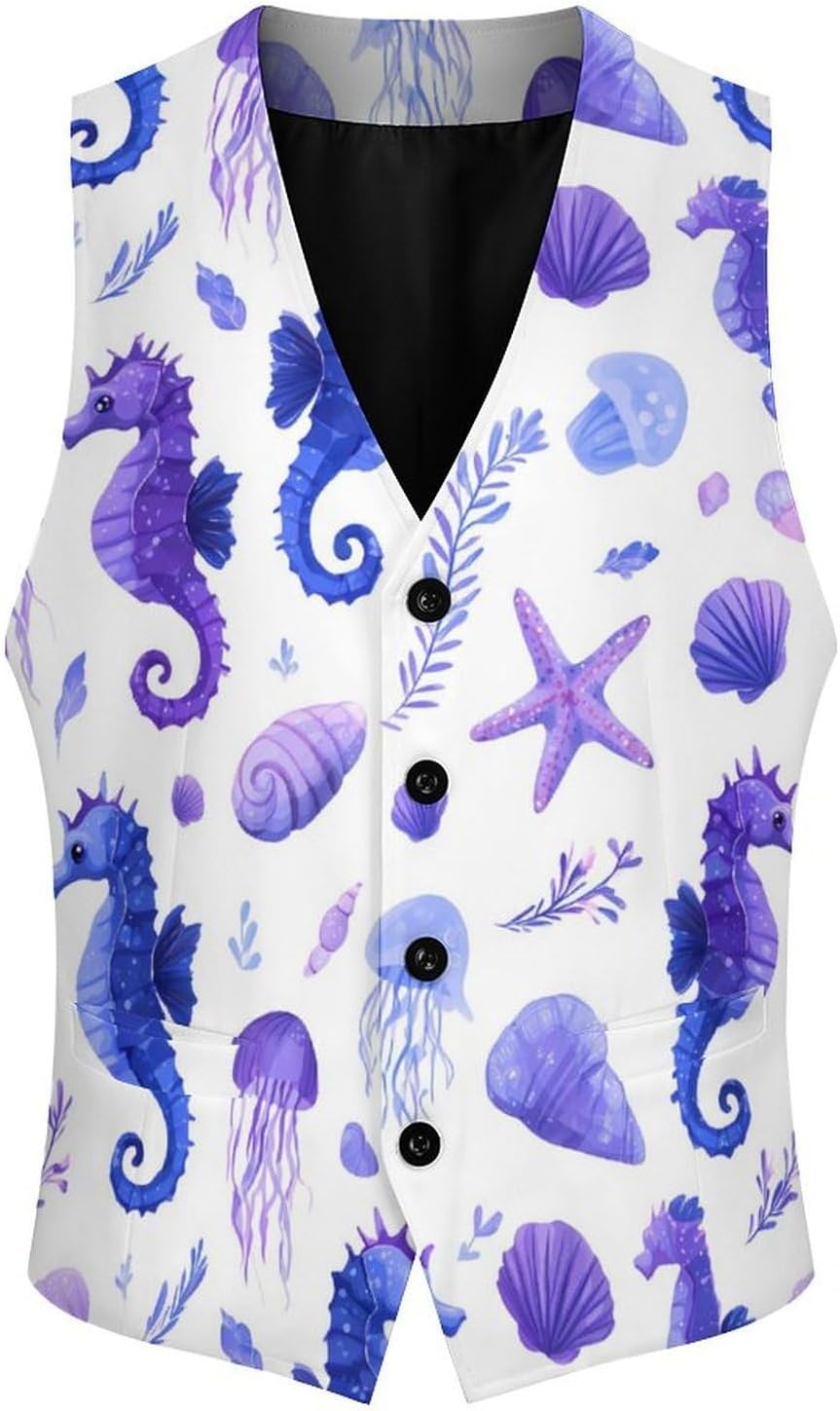 Seahorse Starfish Shell Jellyfish Men's Suit Vest Formal Vests Casual Dress Fit Waistcoat Casual Tuxedo for Business
