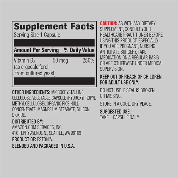 Amazon Elements Vitamin D2 2000 IU, Vegan, Supports Strong Bones and Immune Health, 2 Month Supply (Packaging May Vary), 65 Capsules (Pack of 2)