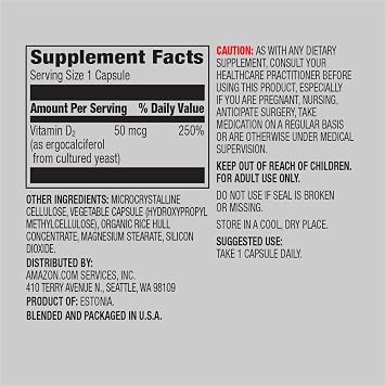 Amazon Elements Vitamin D2 2000 IU, Vegan, Supports Strong Bones and Immune Health, 2 Month Supply (Packaging May Vary), 65 Capsules (Pack of 2)