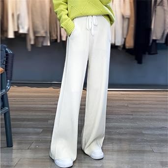 Niiyyjj Vrouw 100% Merino Wol Gebreide Volledige Lengte Broek Elastische Taille Wijde Pijpen Broek Losse Lange TroUKers, Lighttan, S
