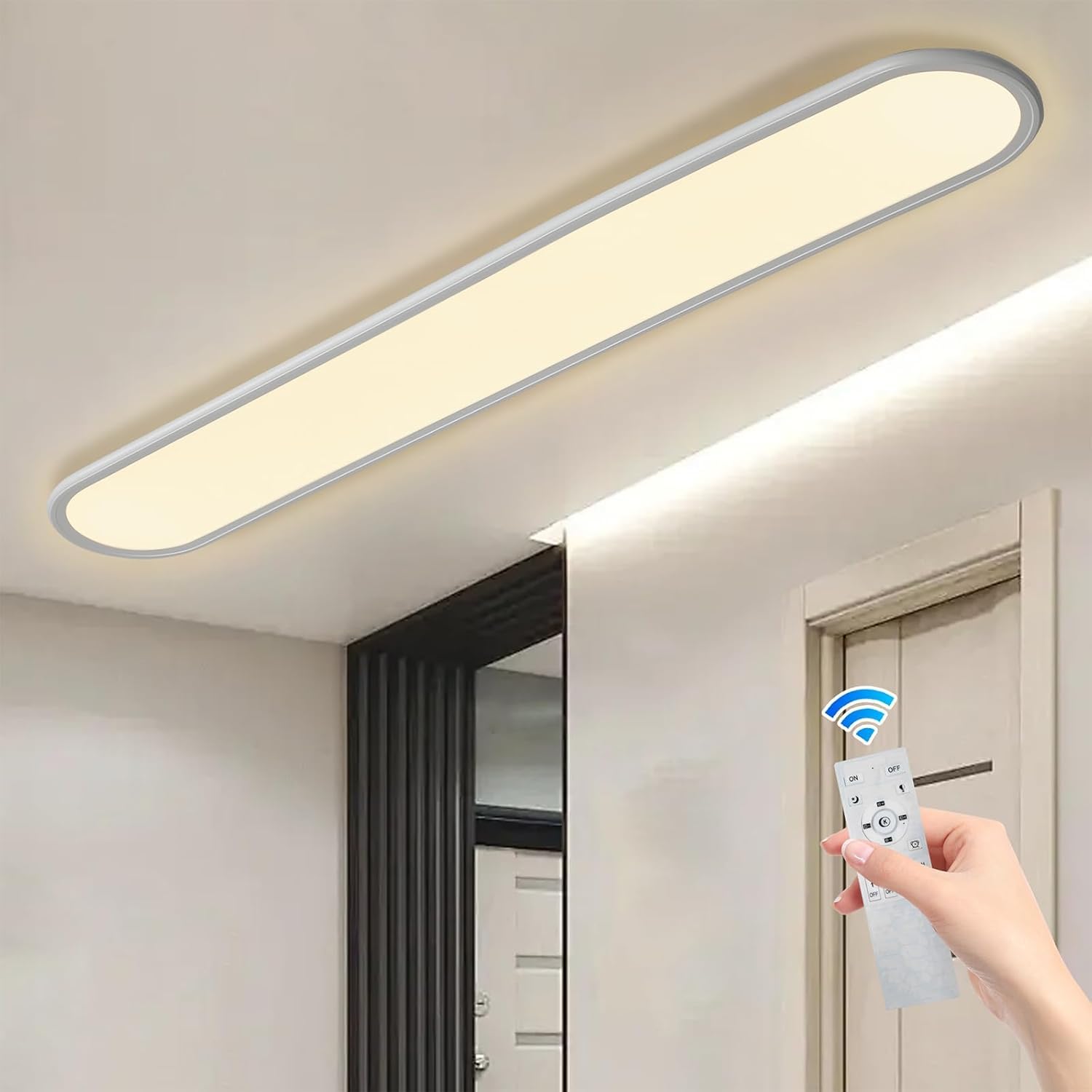 Oninio 140cm LED Ceiling Light Dimmable with Remote 3.5cm Ultra-Thin Modern Linear Flush Mount Lamp 60W Light Fixture for Office, Living Room, Kitchen, Hallway White