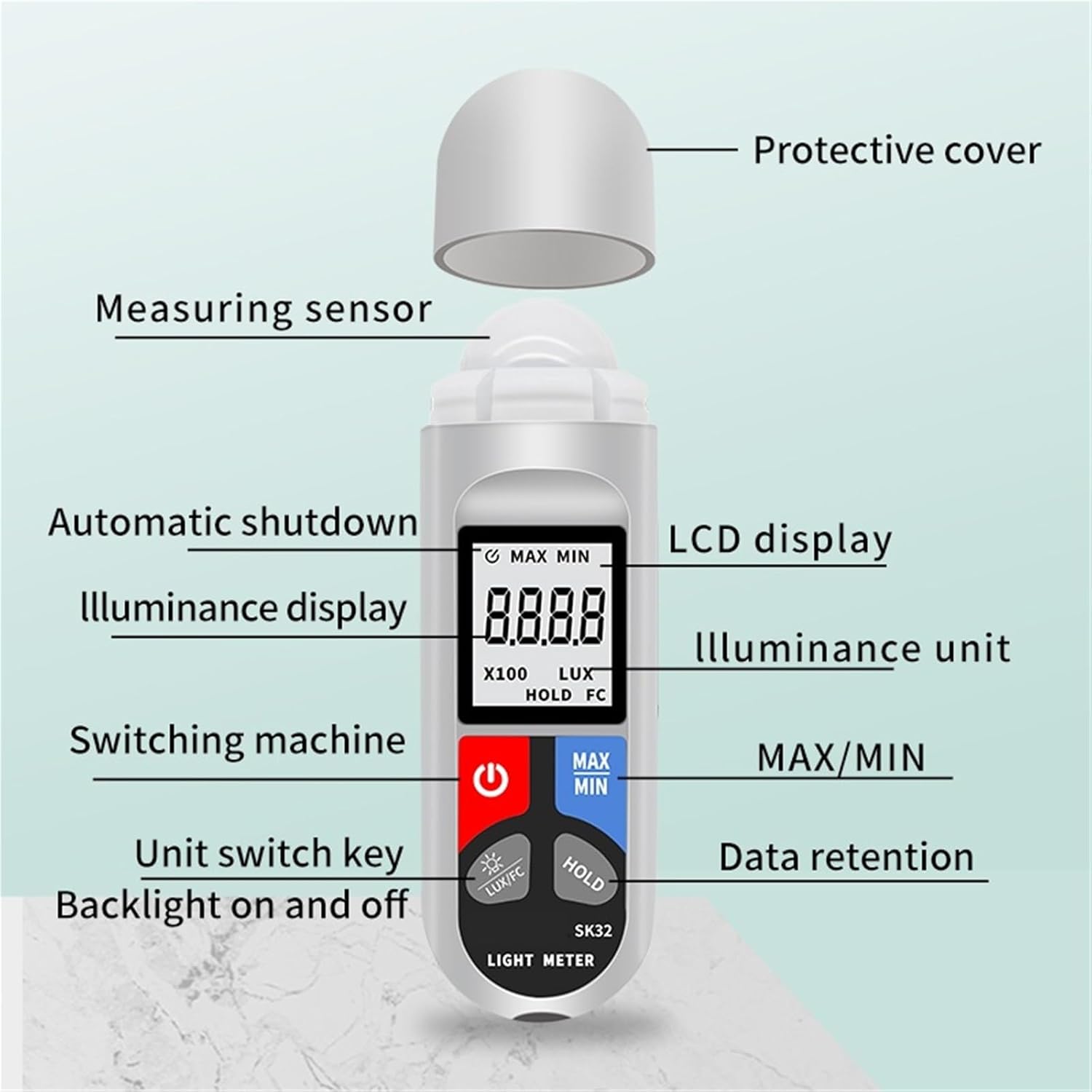 Light Meters, High-Precision Digital Lux Meter 200,000 LUX Wide Range Auto Unit Switching Data Hold Function Backlit Display